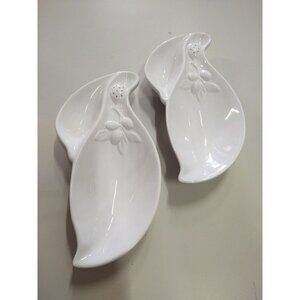 Pair (2) White 2 part Relish Olive Dish, Spoon Rests charcuterie Dish Ceramic